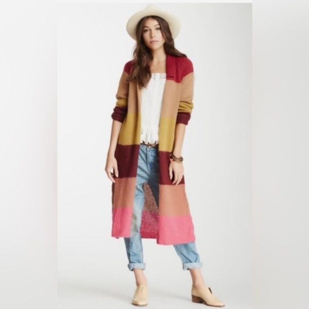 Free People Multicolored Knit Maxi Cardigan | Vtg Y2K Boho Grandmacore Grunge Lg - Picture 1 of 16